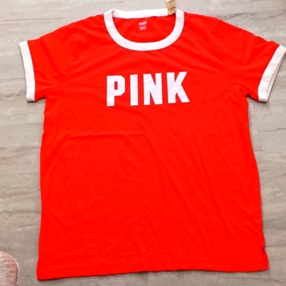 Nwt VICTORIA'S SECRET Pink Orange and White logo top. SIZE XL.